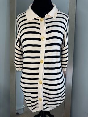 Classic Striped Button-Front Polo Top - Black & Cream